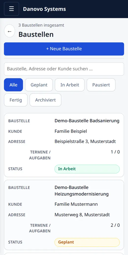 Baustellenliste am Handy