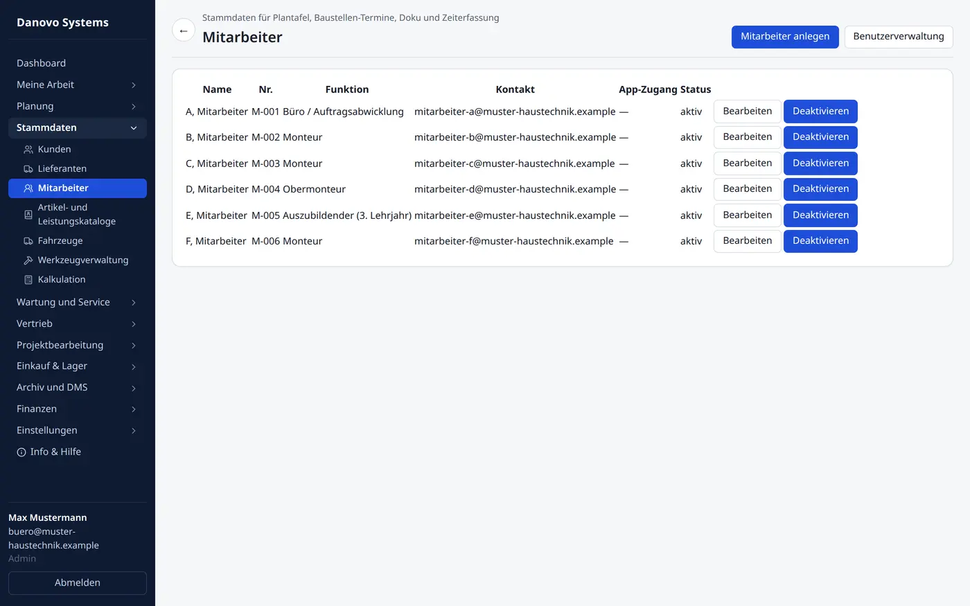 Mitarbeiterverwaltung mit Stammdaten und App-Zugängen